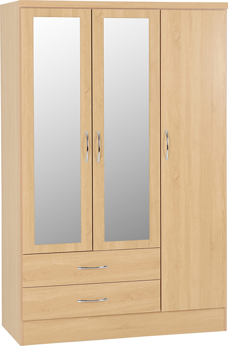 Nevada 3 Door 2 Drawer Mirrored Wardrobe In Sonoma Oak Effect - Click Image to Close